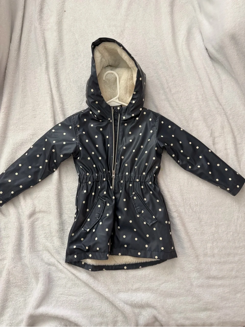 Girls' Navy Polka Dot Hooded Raincoat with Sherpa Lining